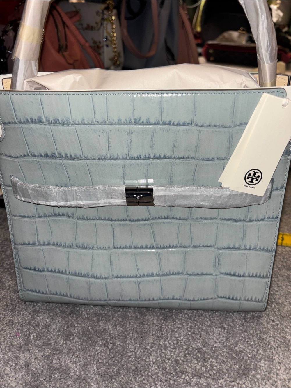 Tory Burch small Lee Radzwill Pale Blue Croc-Embossed Top Handle Satchel
